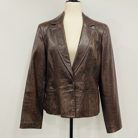 VTG SIENA STUDIO Women's 12 Brown Snakeskin Leather Jacket Blazer 90s Mob Wife - Picture 1 of 16